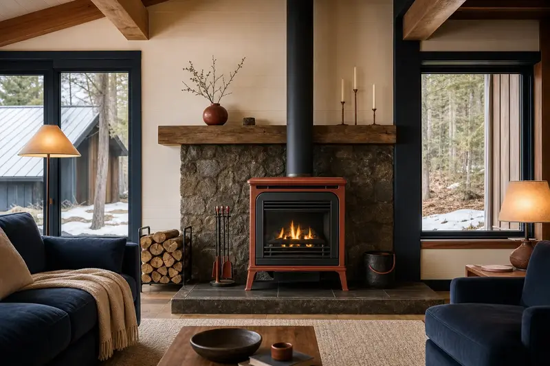 A warm living room with a freestanding gas stove glowing softly behind its glass, no one present; illustrative image