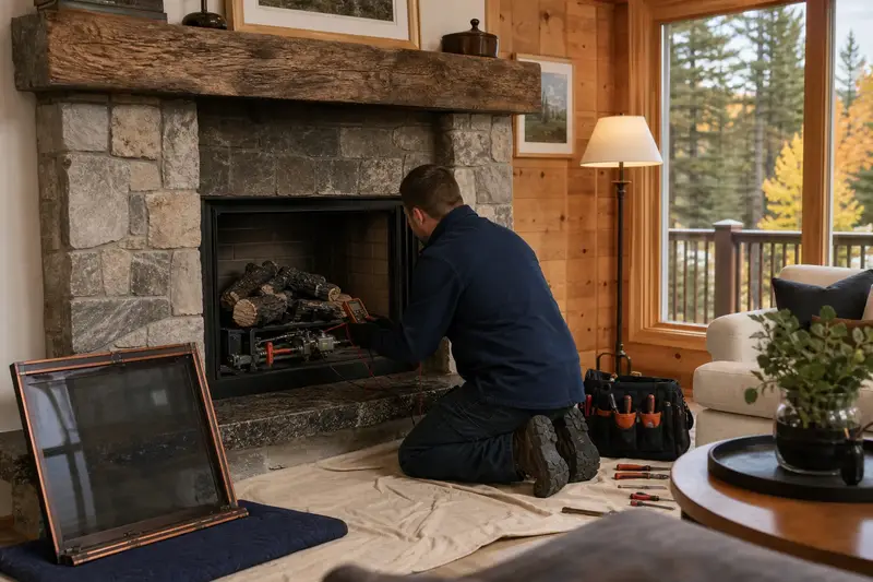 A technician kneeling at a vented gas log set in a masonry firebox with the glass front removed, testing the controls with a multimeter; illustrative image