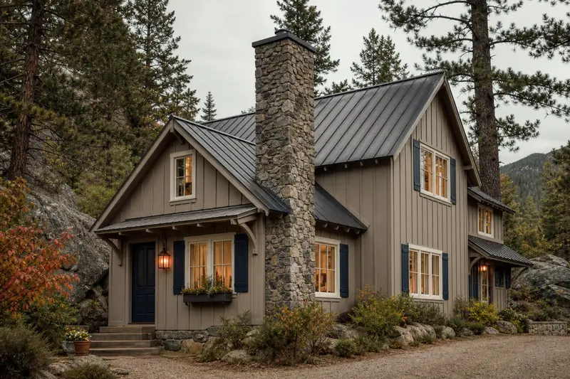 A 1980s board-and-batten mountain house with a stone chimney on a steep snow-shedding roof and warm lamp-lit windows; illustrative image