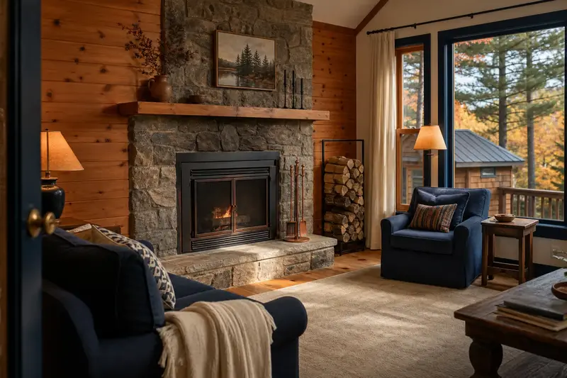 A hearth room with a factory-built wood-burning fireplace with a stone facing, split firewood in a steel rack and a clear hearth; illustrative image