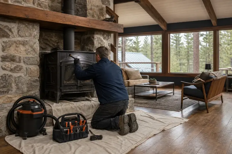 A technician adjusting the damper handle of a cast-iron wood stove on a stone hearth pad by flashlight, the fireplace cold; illustrative image