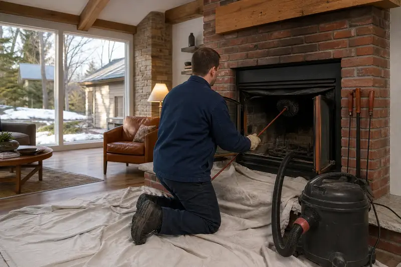 A technician feeding a rotary chimney brush up the flue of a wood-burning insert in a brick opening, drop cloths and a sealed vacuum on the hearth; illustrative image
