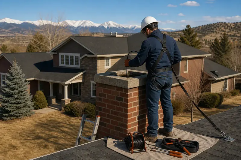 A harnessed technician lowering an inspection camera into the flue of a red brick chimney with a concrete crown; illustrative image