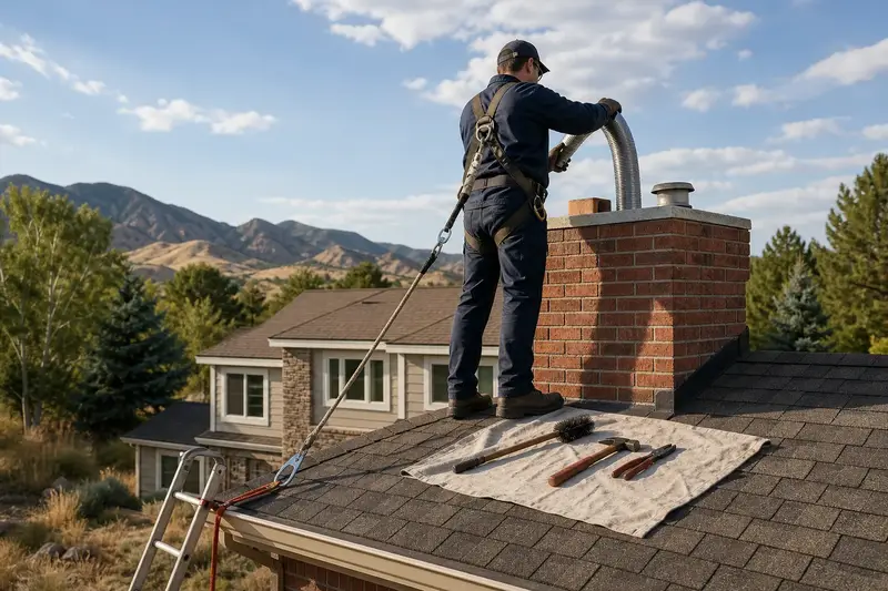 A harnessed technician guiding a flexible stainless steel liner down into the flue at the top of a red brick chimney with a concrete crown; illustrative image
