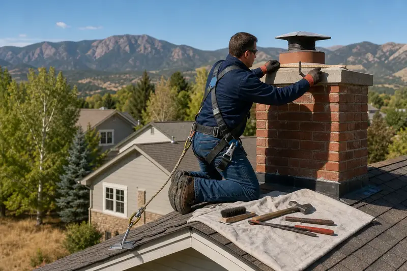 A harnessed mason measuring the crown of a red brick chimney with a concrete crown with a folding rule; illustrative image