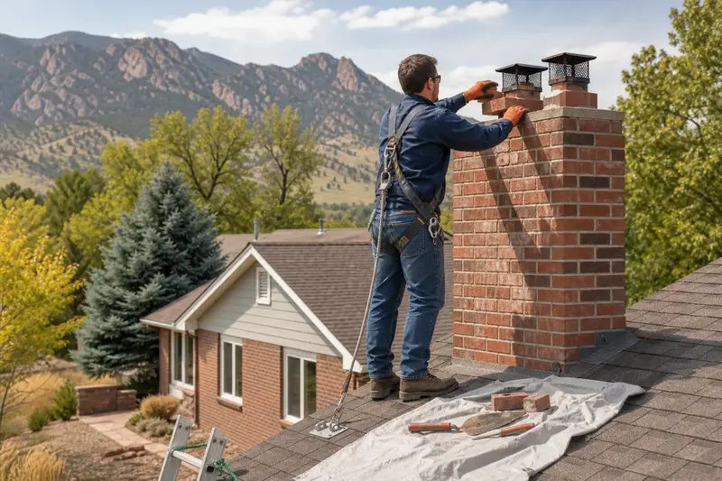 A harnessed mason setting a replacement brick near the top of a two-flue brick chimney on a steep gable roof; illustrative image