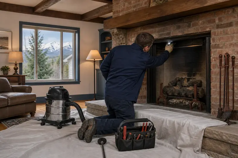 A technician checking the damper of a vented gas log set in a masonry firebox with a flashlight before the heating season, the fireplace cold; illustrative image