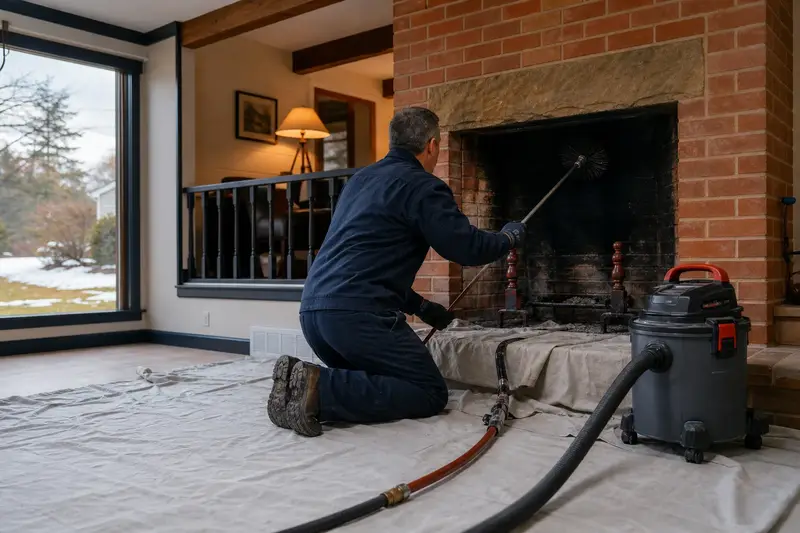A technician feeding a rotary chimney brush up the flue of an open masonry wood-burning fireplace, drop cloths and a sealed vacuum on the hearth; illustrative image