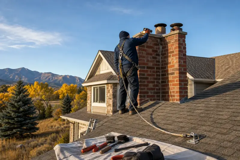 A harnessed technician examining the top of a two-flue brick chimney on a steep gable roof with a flashlight from a dry roof surface; illustrative image