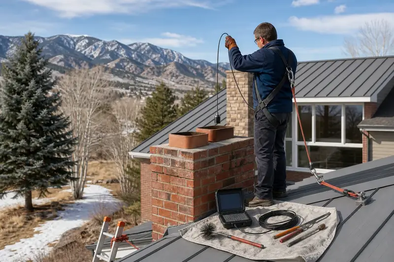 A harnessed technician lowering an inspection camera into the flue of a two-flue brick chimney on a steep gable roof; illustrative image