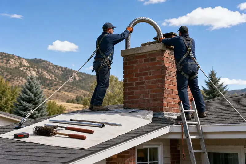 Two harnessed technicians feeding a stainless steel liner into a red brick chimney with a concrete crown from a dry roof; illustrative image