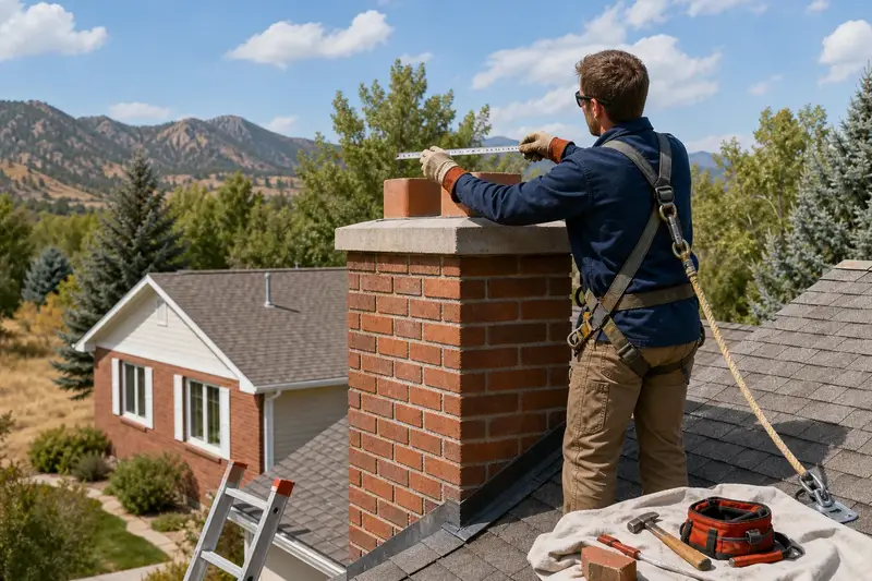 A harnessed mason measuring the crown of a two-flue brick chimney on a steep gable roof with a folding rule; illustrative image