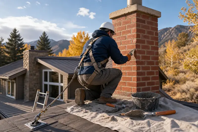 A harnessed mason repointing mortar joints on a red brick chimney with a concrete crown with a pointing trowel; illustrative image
