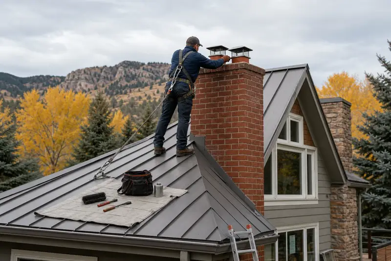 A harnessed technician checking the cap and crown of a two-flue brick chimney on a steep gable roof before the heating season; illustrative image