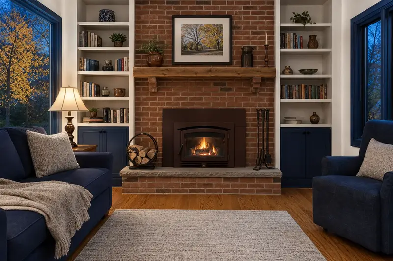 A lived-in family room with a wood-burning insert in a brick opening, books on built-in shelves and a lamp lit, no one present; illustrative image