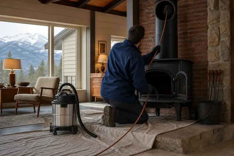 A technician feeding a rotary chimney brush up the flue of a cast-iron wood stove on a stone hearth pad, drop cloths and a sealed vacuum on the hearth; illustrative image