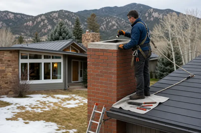 A harnessed technician examining the top of a red brick chimney with a concrete crown with a flashlight from a dry roof surface; illustrative image