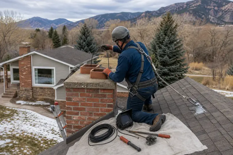 A harnessed technician lowering an inspection camera into the flue of a two-flue brick chimney on a steep gable roof; illustrative image