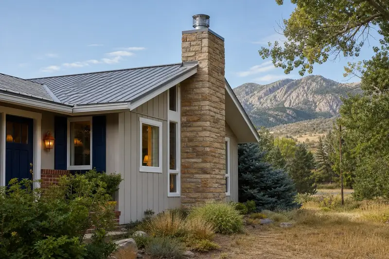 A 1970s mountain modern house with a metal roof with a sandstone chimney with a spark arrestor cap fitted with a stainless steel liner cap; illustrative image