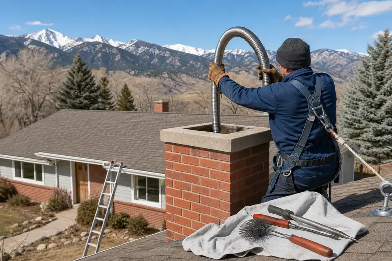 A harnessed technician guiding a flexible stainless steel liner down into the flue at the top of a red brick chimney with a concrete crown; illustrative image
