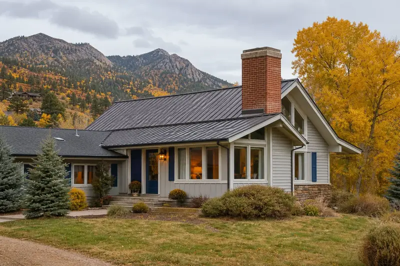 A 1970s mountain modern house with a metal roof with a red brick chimney with a concrete crown and neat mortar joints; illustrative image