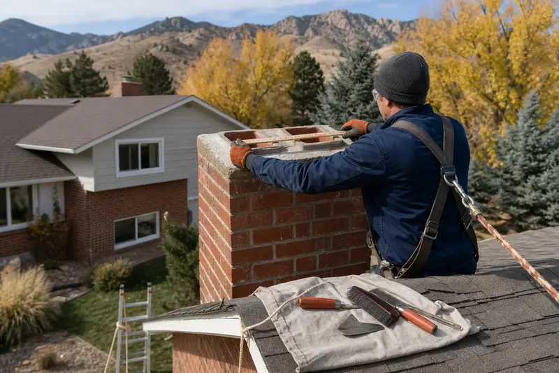 A harnessed mason measuring the crown of a two-flue brick chimney on a steep gable roof with a folding rule; illustrative image
