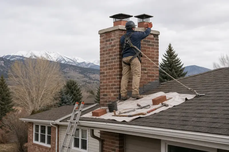 A harnessed mason setting a replacement brick near the top of a two-flue brick chimney on a steep gable roof; illustrative image