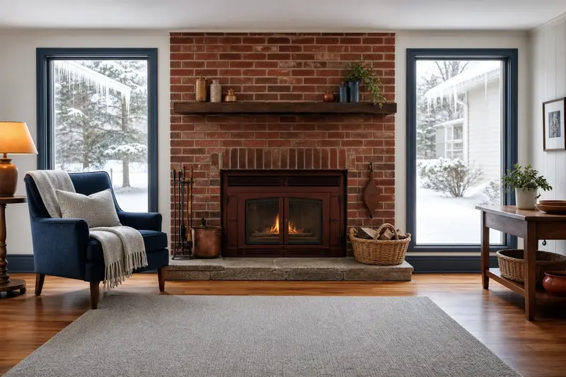 A cozy winter room with a wood-burning insert in a brick opening, glass doors closed and a wool throw on a chair; illustrative image