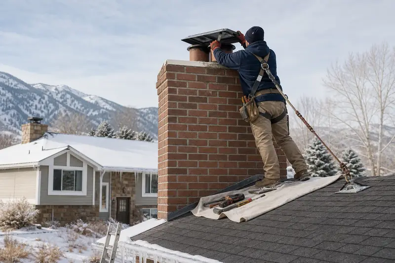 A harnessed technician installing a top-sealing damper on a two-flue brick chimney on a steep gable roof; illustrative image