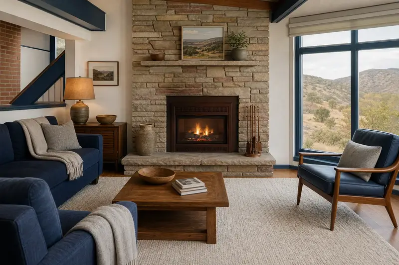 A warm living room with a gas insert set in a brick opening glowing softly behind its glass, no one present; illustrative image