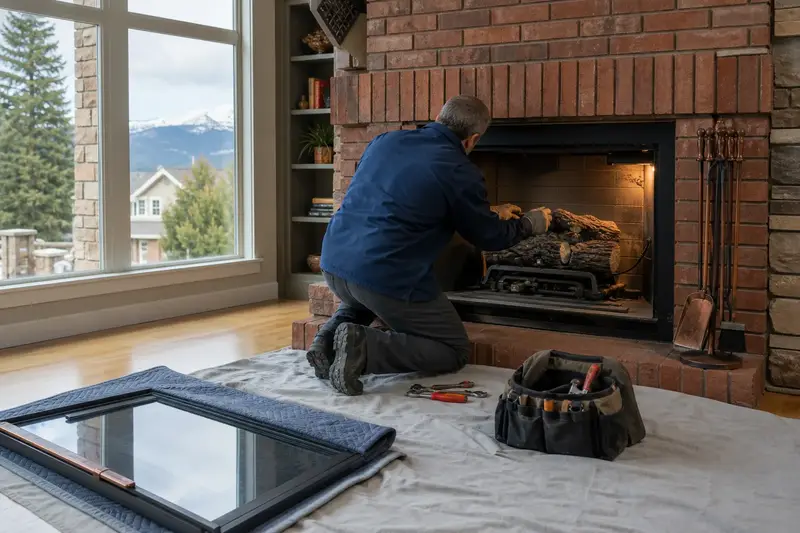 A technician checking the burner and log placement of a vented gas log set in a masonry firebox with the gas off and the glass set aside; illustrative image