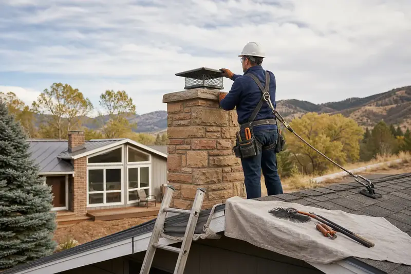 A harnessed technician checking the cap and crown of a sandstone chimney with a spark arrestor cap before the heating season; illustrative image