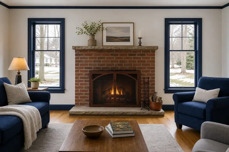 A living room with an open masonry wood-burning fireplace and a small fire behind a screen, no one present; illustrative image