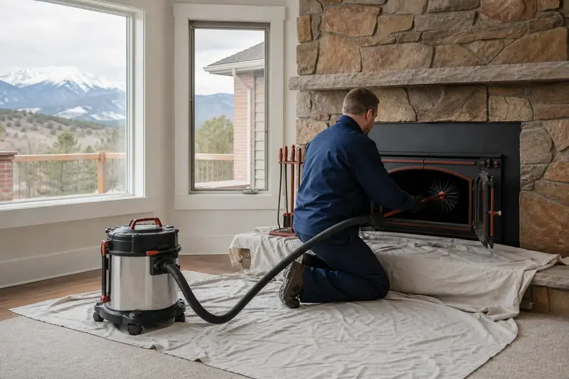 A technician kneeling at a wood-burning insert in a brick opening with a sealed vacuum and drop cloths, the fireplace cold and unlit; illustrative image
