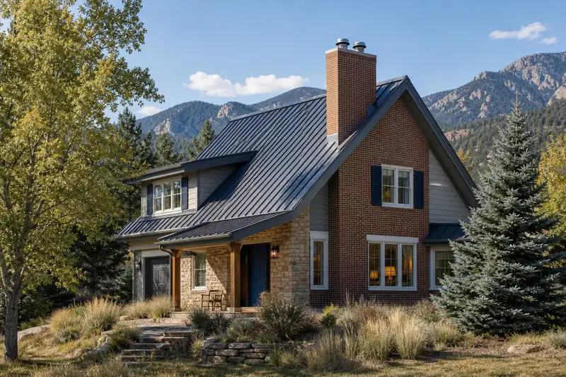 A 1990s mountain modern house with a metal roof with a two-flue brick chimney on a steep gable roof and a stainless steel cap; illustrative image