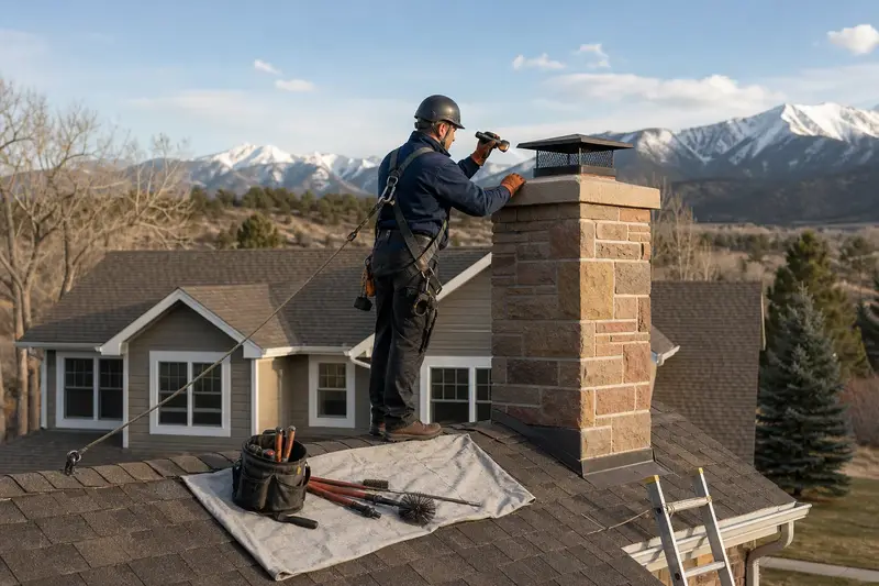 A harnessed technician examining the top of a sandstone chimney with a spark arrestor cap with a flashlight from a dry roof surface; illustrative image