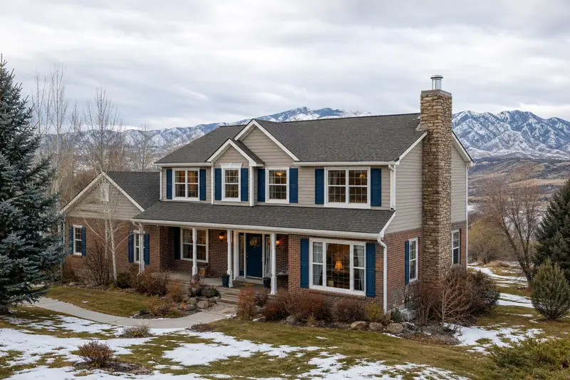 A 1990s two-story suburban house with stone accents with a stone-veneer chimney with a steel cap on an asphalt shingle roof fitted with a stainless steel liner cap; illustrative image