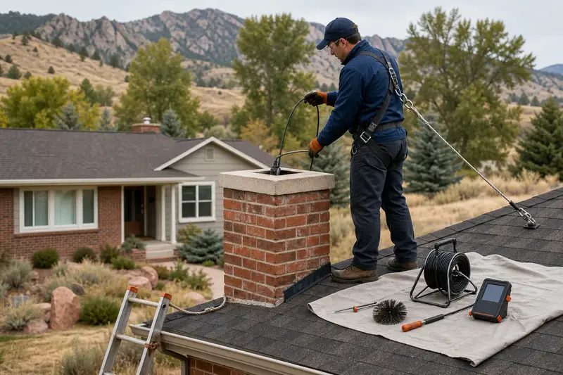 A harnessed technician lowering an inspection camera into the flue of a red brick chimney with a concrete crown; illustrative image