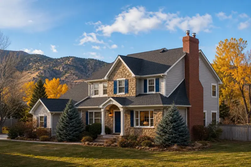 A 1990s two-story suburban house with stone accents with a two-flue brick chimney on a steep gable roof fitted with a stainless steel liner cap; illustrative image