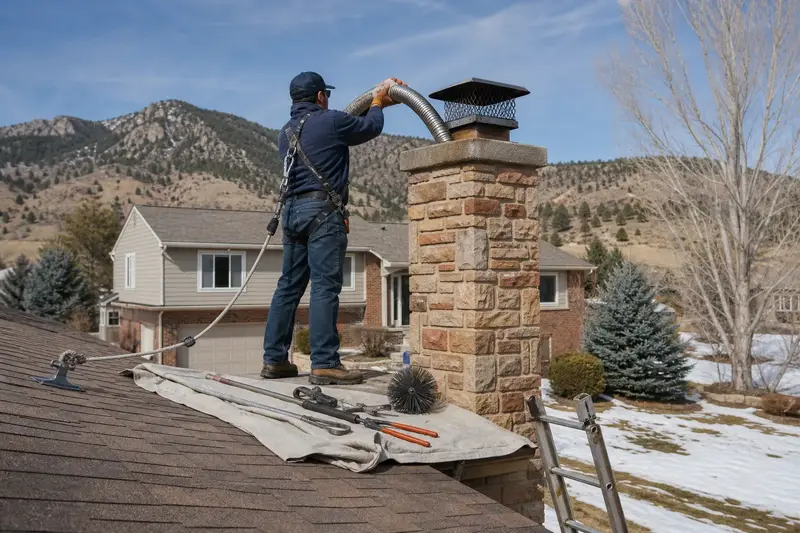 A harnessed technician guiding a flexible stainless steel liner down into the flue at the top of a sandstone chimney with a spark arrestor cap; illustrative image