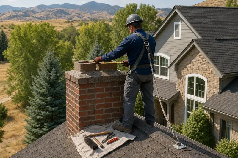 A harnessed mason measuring the crown of a two-flue brick chimney on a steep gable roof with a folding rule; illustrative image