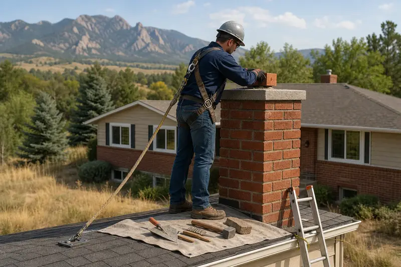 A harnessed mason setting a replacement brick near the top of a red brick chimney with a concrete crown; illustrative image