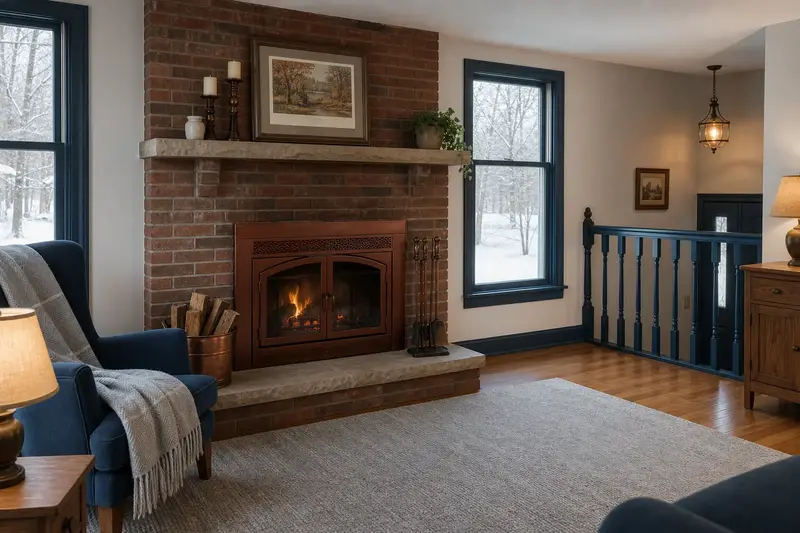 A cozy winter room with a wood-burning insert in a brick opening, glass doors closed and a wool throw on a chair; illustrative image