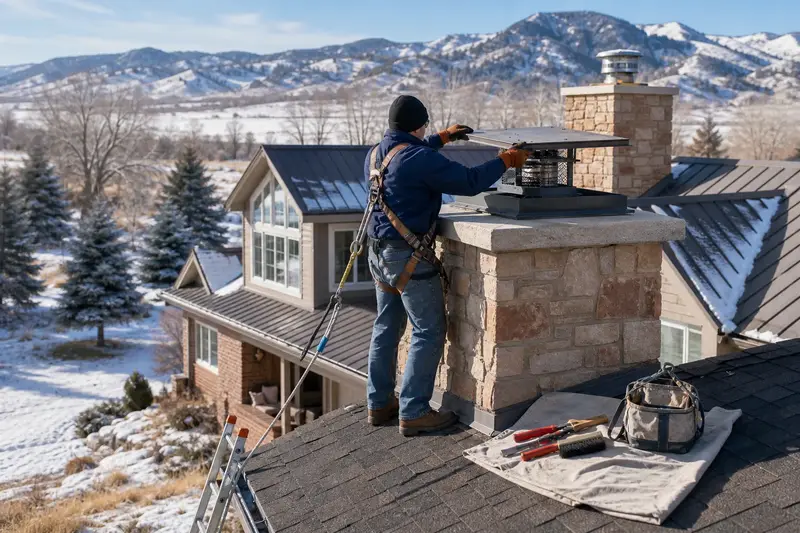 A harnessed technician installing a top-sealing damper on a stone-veneer chimney with a steel cap on an asphalt shingle roof; illustrative image