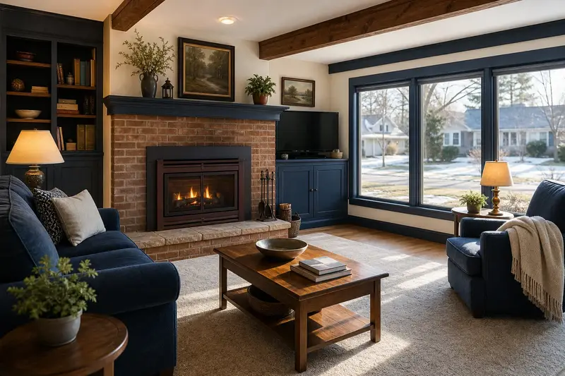 A warm living room with a gas insert set in a brick opening glowing softly behind its glass, no one present; illustrative image