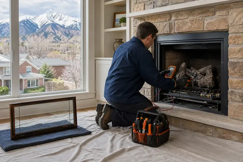A technician kneeling at a vented gas log set in a masonry firebox with the glass front removed, testing the controls with a multimeter; illustrative image