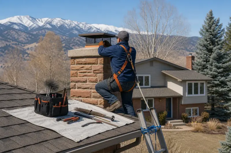 A harnessed technician checking the cap and crown of a sandstone chimney with a spark arrestor cap before the heating season; illustrative image