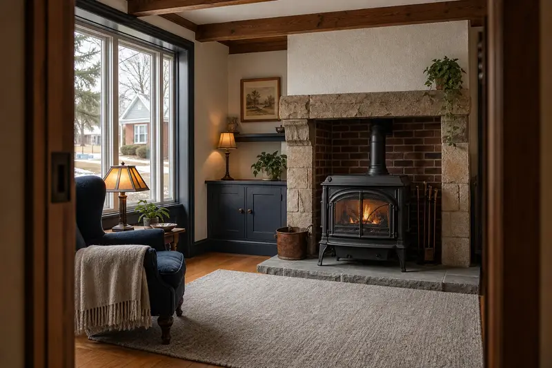 A quiet hearth room with a cast-iron wood stove on a stone hearth pad and a reading chair; illustrative image