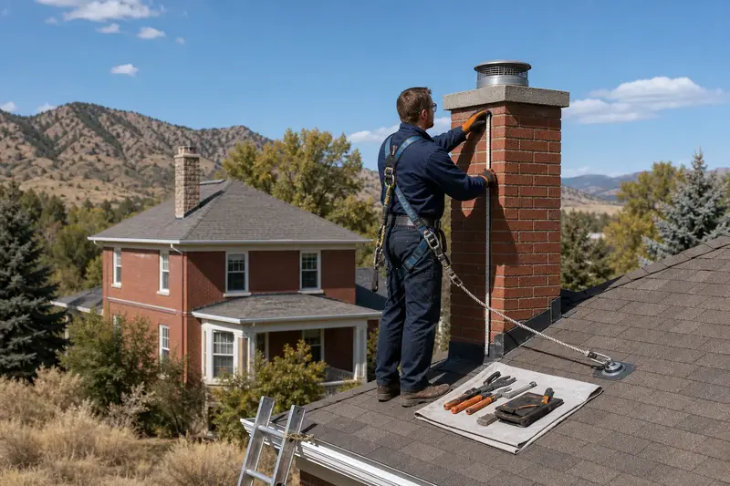 A harnessed technician measuring a red brick chimney with a concrete crown on a dry roof; illustrative image