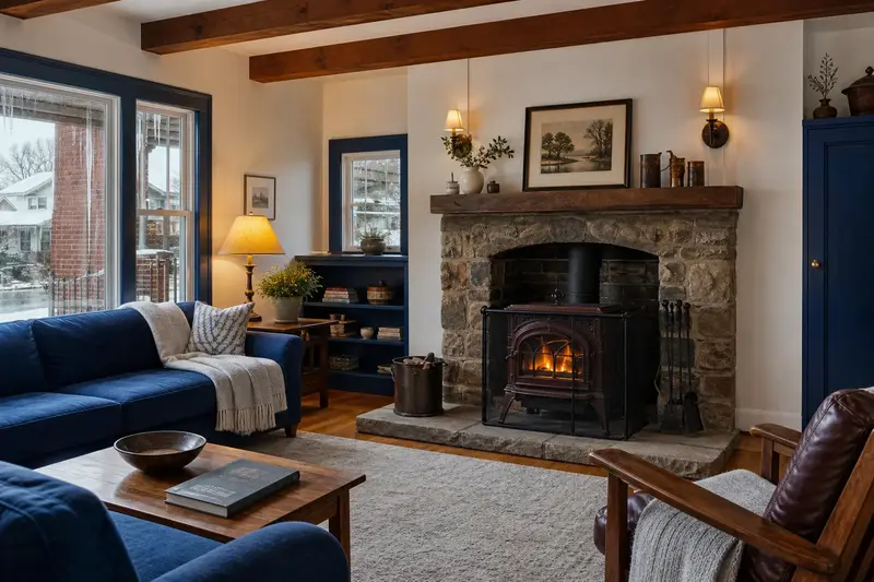 A warm hearth room with a cast-iron wood stove on a stone hearth pad while snow melts outside the window; illustrative image